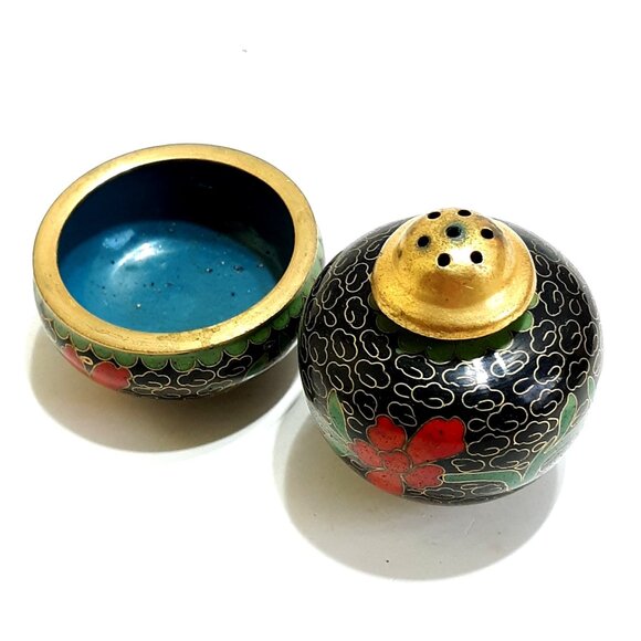 Chinese Cloisonne Open Salt & Pepper Vintage Enamel Brass Floral Black Red Blue - Picture 4 of 7